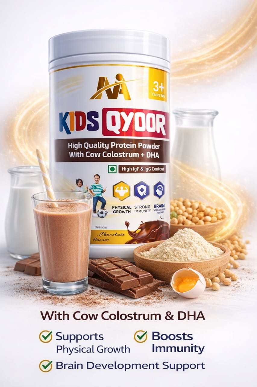 Kids Qyoor High Quality Protein Powder With Cow Colostrum + DHA | 3-10 Years | No Refined Sugar | 50+ essential Vitamin & mineral | Supports Overall Health & Boosts Immunity |